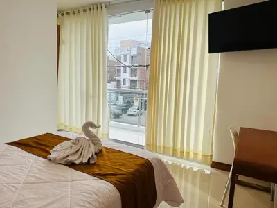 a swan sitting on a bed in a room with a window at Hotel Overland in Paracas
