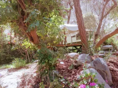 a tent in the woods with flowers and trees at Villa Celestial in Nieve Nieve