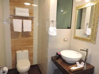 a bathroom with a toilet and a sink and a mirror at HOTEL LUZ GARDEN in Machu Picchu