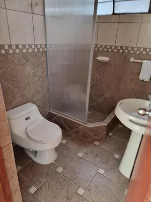 a bathroom with a toilet and a shower and a sink at Apart Hotel Doña Esther in Lima