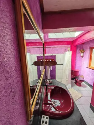 a bathroom with a red sink and a mirror at Casa al lado del Bosque in Oxapampa