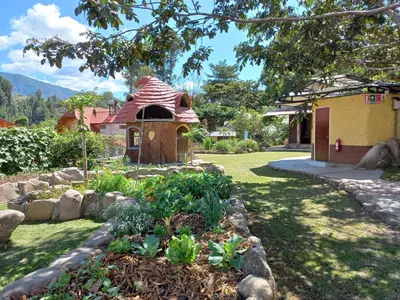 a garden with a bird house in the yard at Biosfera Lodge tipi para 3 personas in Oxapampa