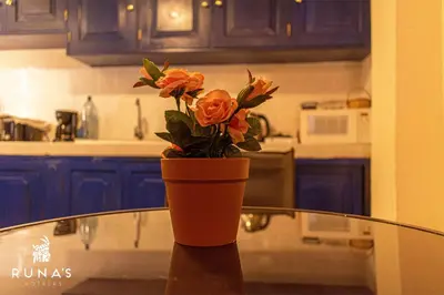 a vase with orange flowers sitting on a counter in a kitchen at Rumi's Inn in Cusco