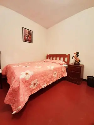 a bedroom with a bed with a pink bedspread at Maypa Lima Airport in Lima