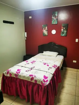 a bedroom with a bed with pink flowers on it at Los Sauces in Huacho