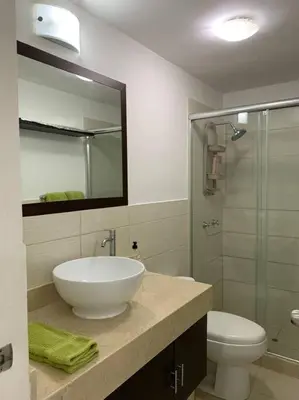 a bathroom with a sink and a toilet and a mirror at Lovely two bedroom apartment in Miraflores in Lima