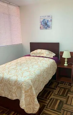 a bedroom with a bed and a table with a lamp at Pershing lindo dpto amoblado 2dorm y wifi in Lima