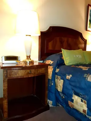 a bedroom with a bed and a lamp on a table at Hotel MAURY in Lima