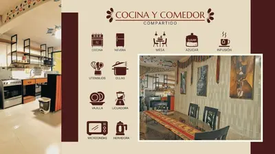 a collage of images of a kitchen and a restaurant at Casa Sucre Hostel Ayacucho in Ayacucho