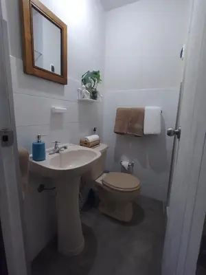 a bathroom with a sink and a toilet and a mirror at Centric, private, petfriendly apartments in Miraflores in Lima