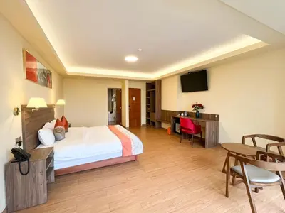 a hotel room with a bed and a desk and a television at SM HOTEL Plus in Lima