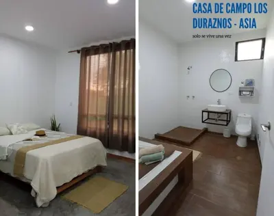 two pictures of a bedroom with a bed and a bathroom at Country House In Asia in Asia