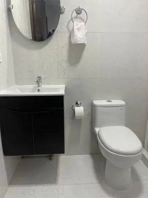 a bathroom with a toilet and a sink and a mirror at (10) Departamento de estreno centro de Mirafores in Lima
