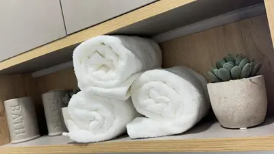 a group of towels on a shelf with a plant at APARTAMENTO KELVIN - Edificio ON APARTMENTS in Lima