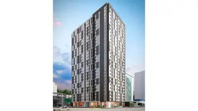 an architectural rendering of a tall building at APARTAMENTO KELVIN - Edificio ON APARTMENTS in Lima