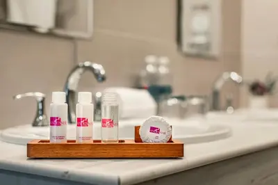 a bathroom counter with a sink with some bottles on it at Hotel Andesmar in Lima