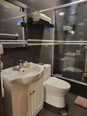 a bathroom with a sink and a toilet and a shower at Hotel Punta Rocas - Huacho in Huacho