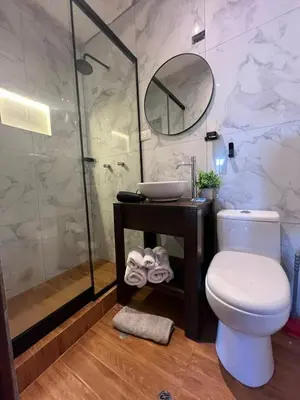 a bathroom with a toilet and a sink and a shower at Hostal María Angola in Cusco