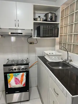 a small kitchen with a stove and a sink at Pershing, depa bonito, 3camas wifi/cable in Lima