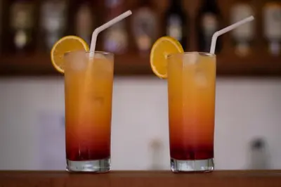 two cocktails with orange slices on a bar at Albergue Turístico Gstir in Pozuzo