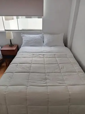 a bedroom with a large bed with a white comforter at Miraflores View in Lima